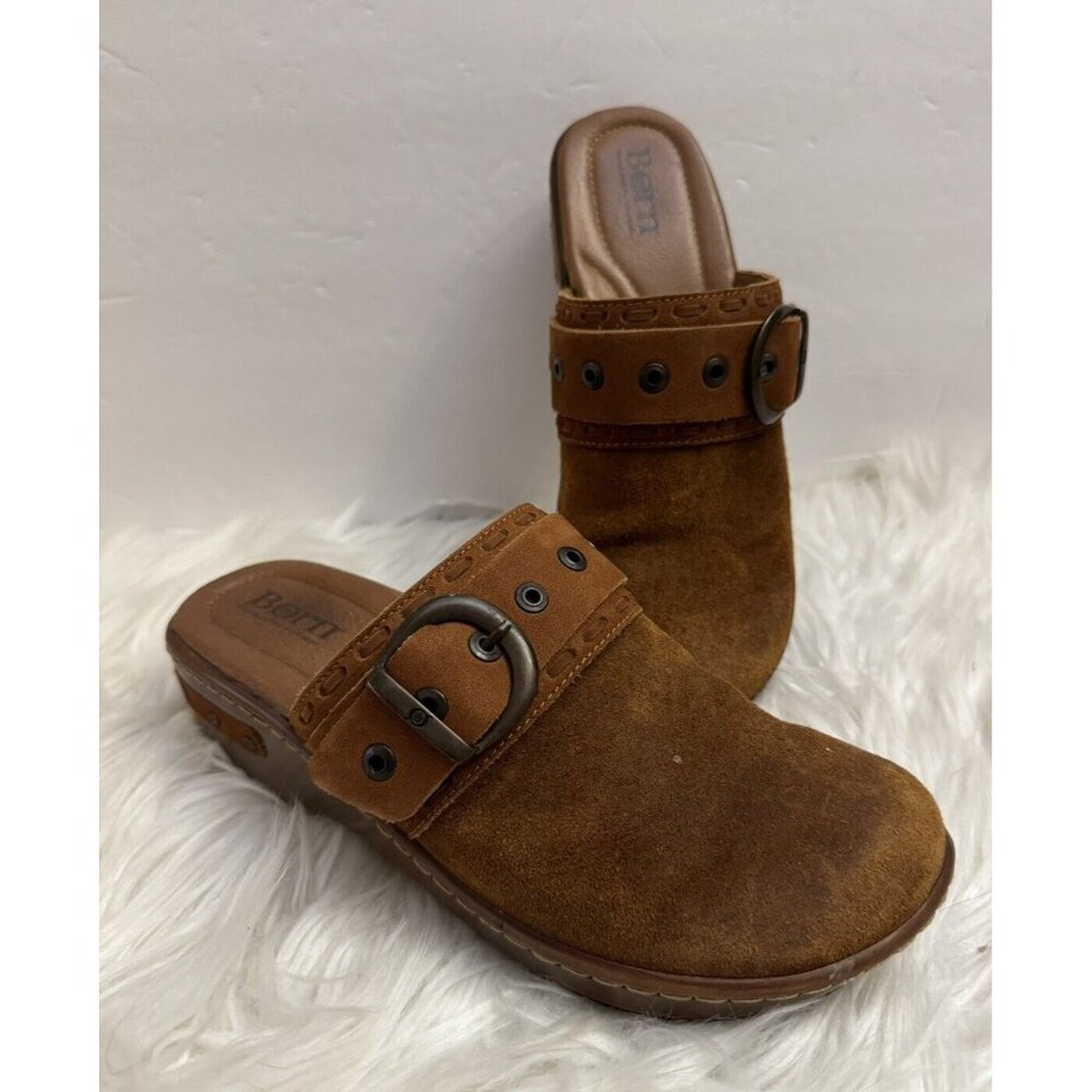 Born Size 8 Banyan Brown Leather Slip On Clogs Comfort Shoe Buckle Distressed